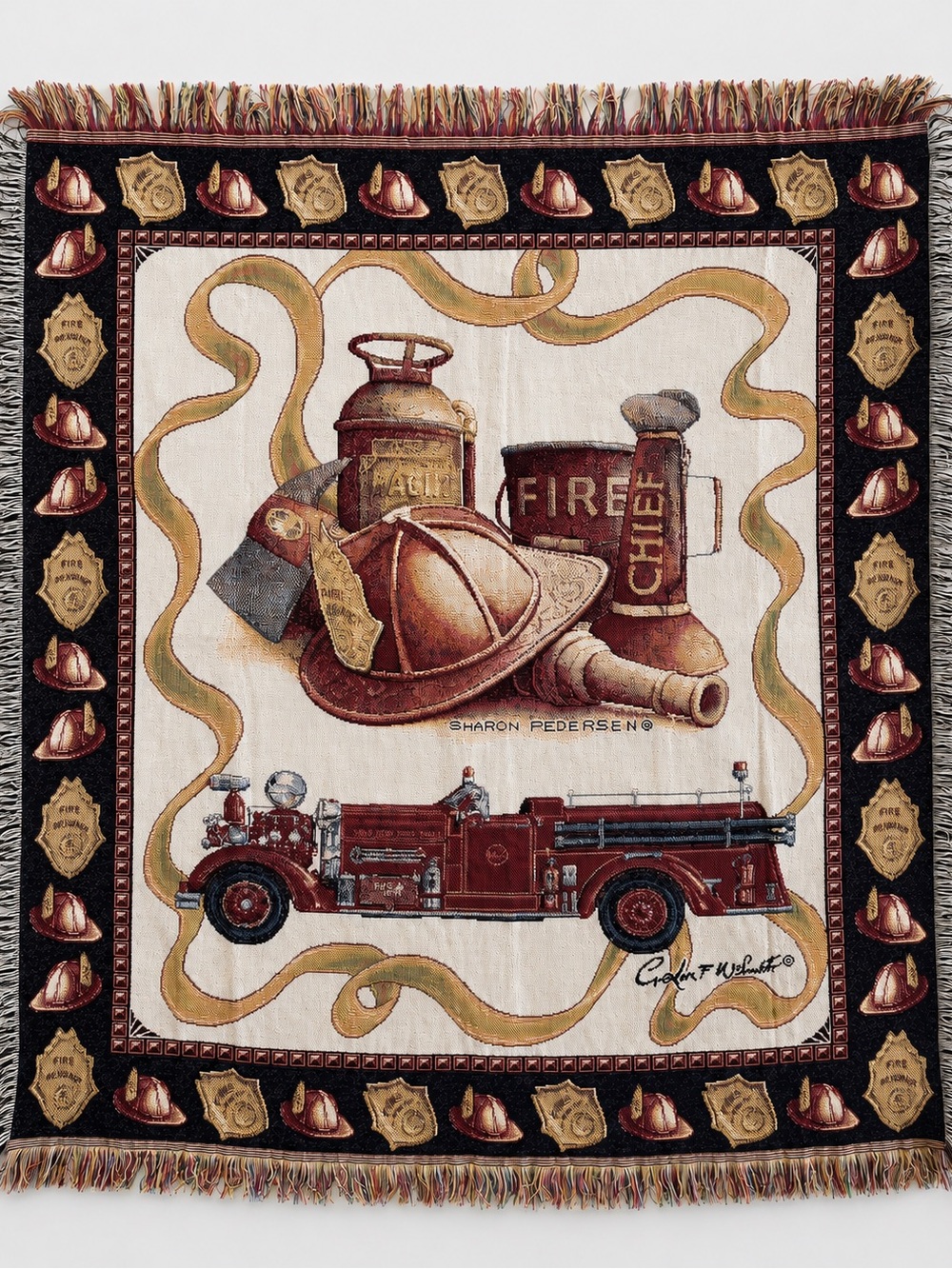 VTG Sharon Pedersen Firefighter Tapestry Throw Fire Truck Helmet Wall Hanging